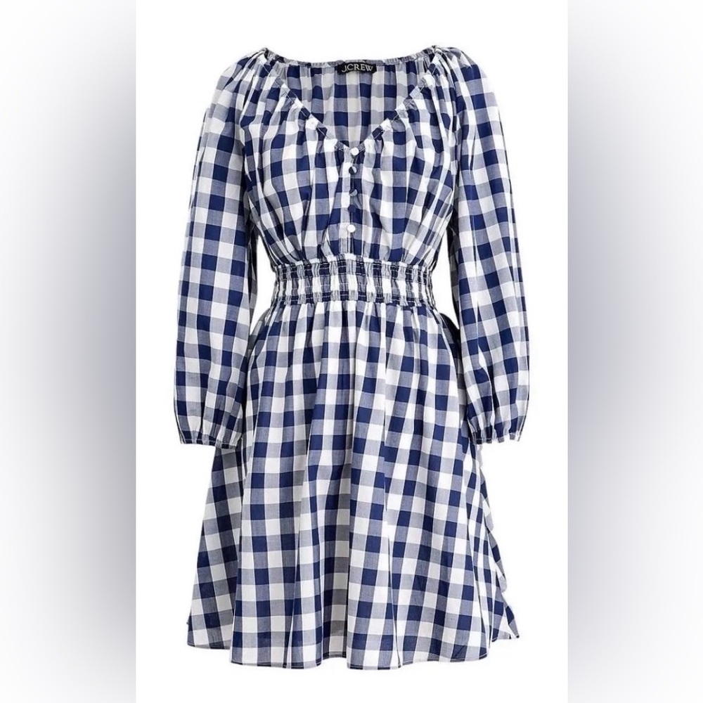 J. Crew Blue & White Gingham Smocked-Waist Dress